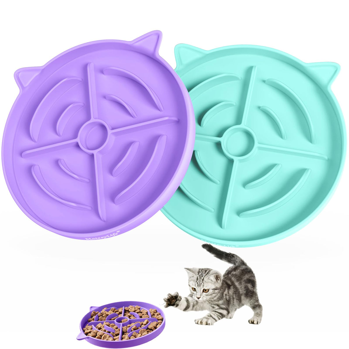 MateeyLife Slow Feeder Cat Bowl, 2 Pcs Cat Puzzle Feeder, Non-Slip Silicone Cat Dish, Prevent Overeating Cat Slow Feeder for Dry and Wet Food, Pet Bowls to Slow Down Eating, Easy to Clean