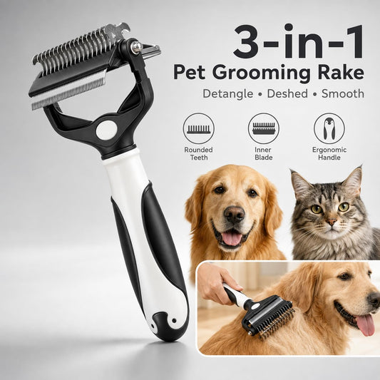 3-in-1 Pet Grooming Brush for Dogs & Cats, Undercoat Rake, Dematting Comb & Deshedding Brush for Long & Short Hair, Heavy Shedding & Matted Fur