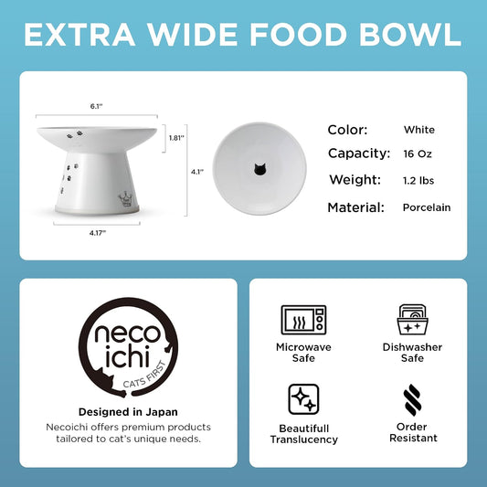 Necoichi Ceramic Extra-Wide Elevated Cat Food Bowl (Cat, Extra Wide)