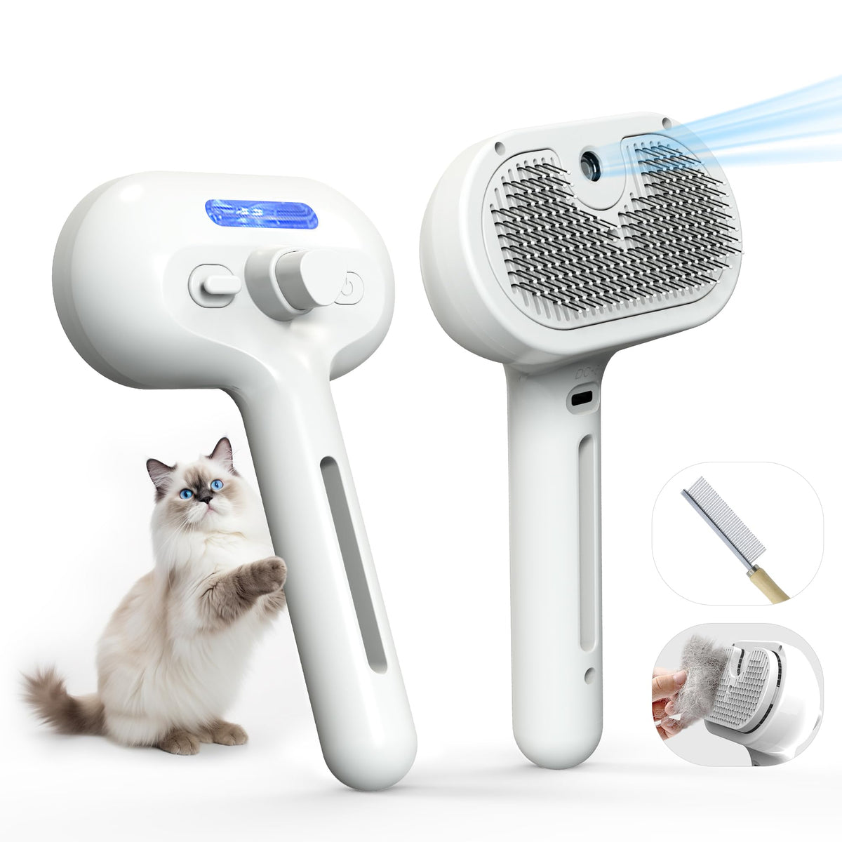 Pet Grooming Brush with Electronic Mist Spray - Gentle Deshedding Tool for Cats & Dogs, Pet Steam Brush,Reduces Shedding, Soft Bristles, Promotes Healthy Coat-Comes with a hair smoothing comb-White