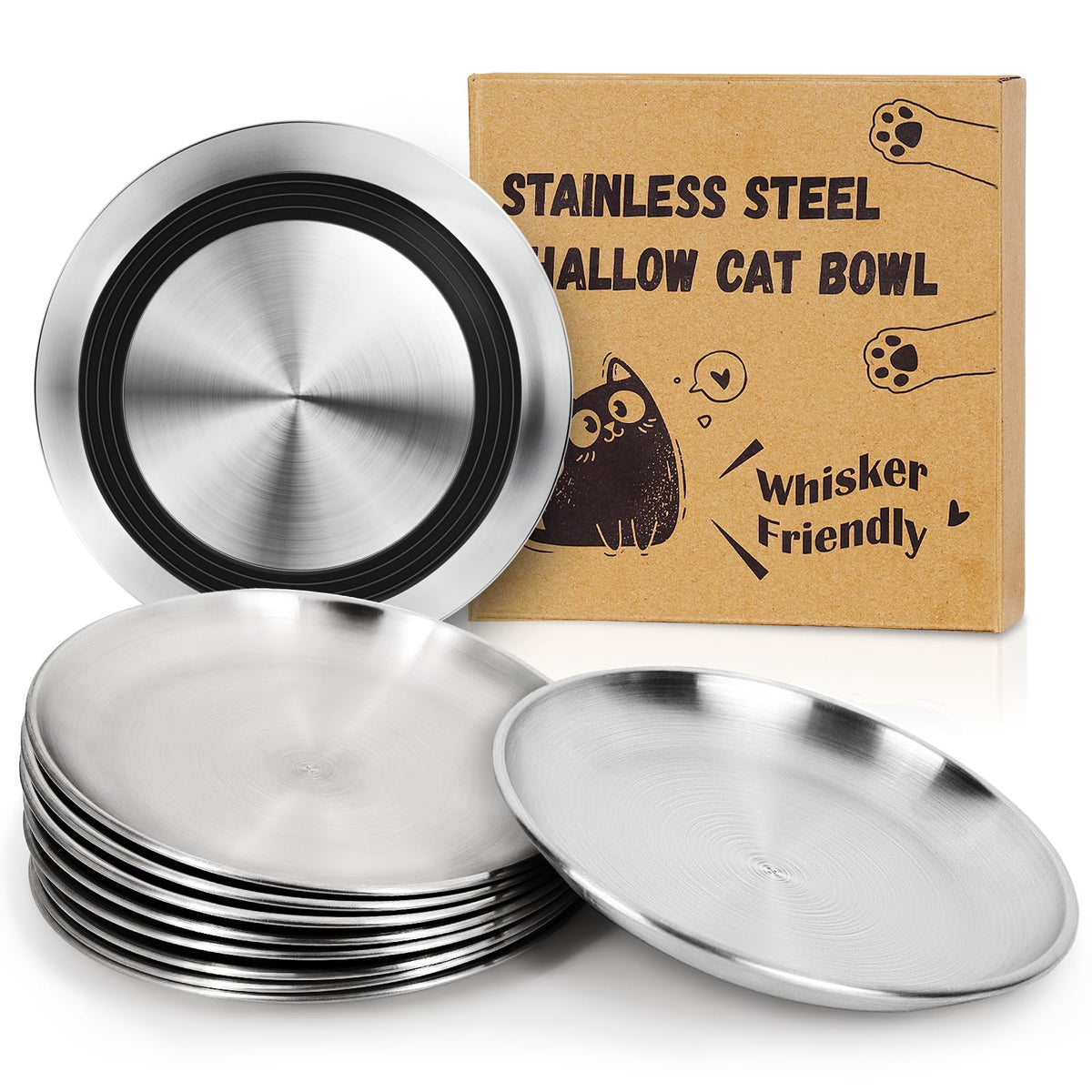 Supet Cat Plates Whisker Friendly, Non Slip Dish for Wet Food, Shallow Wide Flat Bowls Stainless Steel Metal for Indoor Cats, Kitten, Small Dog (13Oz, 2Pcs)