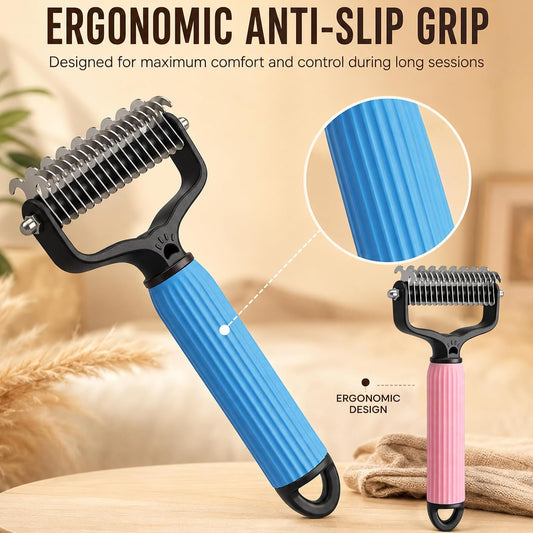 2 PcsPet Grooming Brush, Dematting Comb for Dogs and Cats, Double Sided Undercoat Rake – Undercoat Rake Pet Brush for Long Hair (Blue+Pink)
