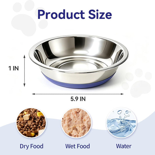 3 Pack Stainless Steel Cat Bowls, Cat Dishes Whisker Friendly with Non-Slip Silicone Bottom, Easy to Clean, 5.5" Shallow Wide Cat Food and Water Feeding Bowl for Indoor Outdoor Cats