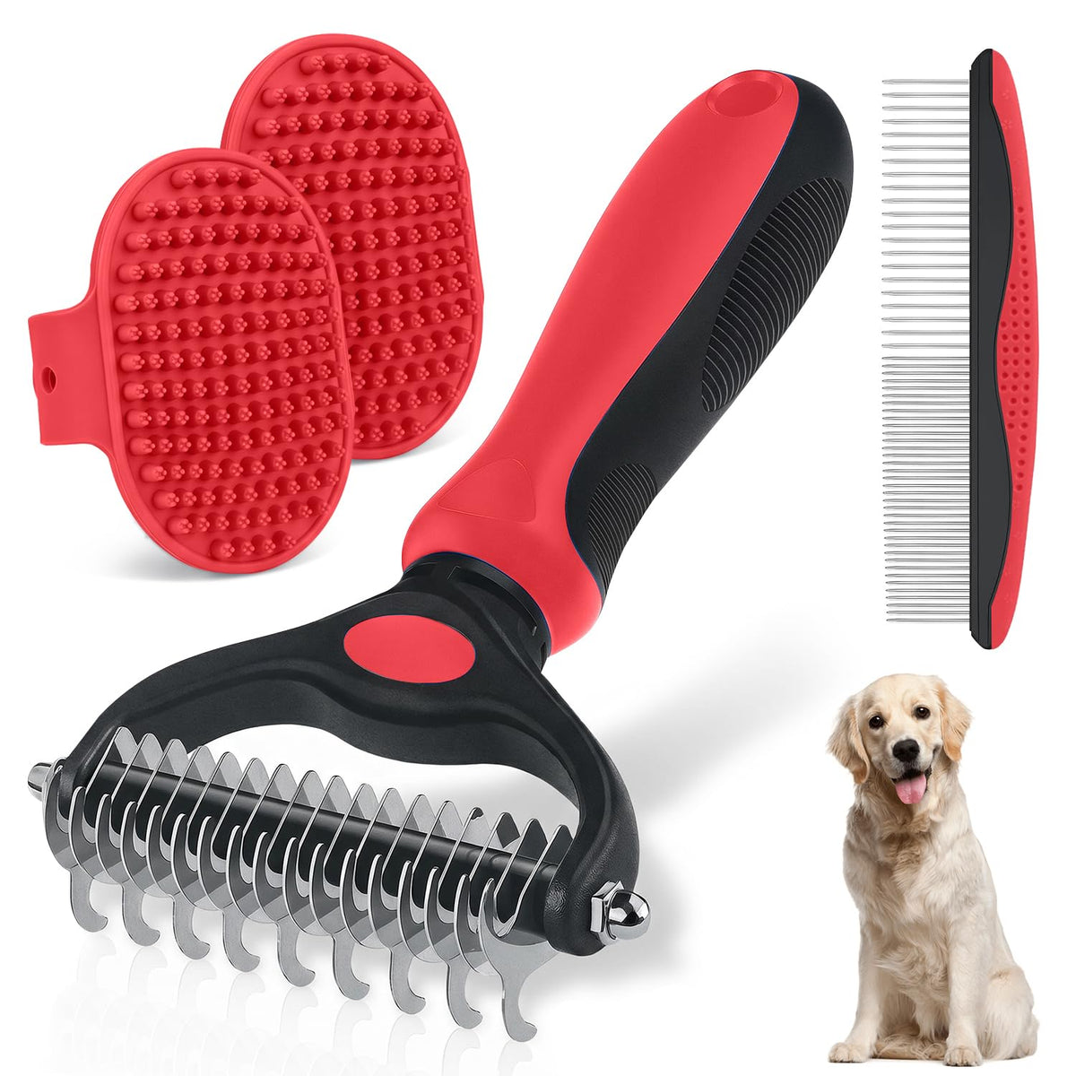 Pet Grooming Rake for Dogs and Cats - Double-Sided Deshedding Dematting Tool, 4-in-1 Undercoat Rake & Metal Comb for Long and Short Haired Pets, Reduces Shedding by 95%, 4Pack