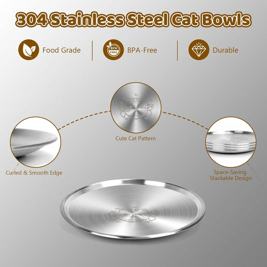 4 Pack Stainless Steel Plates Cat Bowls, 6.7" 13oz Shallow Cat Wet Food Bowl, Whisker Friendly Cat Plates with Non-Slip Bottom, Cute Wide Flat Bowl Cat Kitten Small Dog Metal Dishes for Indoor Feeding