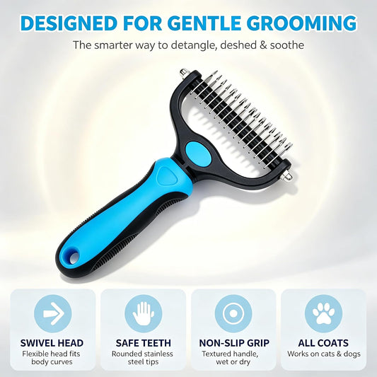 2 in 1 Double Sided Dematting Comb for Cats & Dogs, Deshedding Dog Brush, Pet Shedding Remover Rounded-Tooth Tool For Painlessly Removing Knots And Loose Hair (Blue 2)