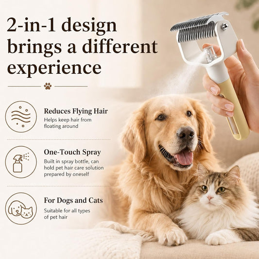Dual-Sided Pet Grooming Comb,Double Sided Dematting Comb for Dogs & Cats, 2‑in‑1 Professional Pet Grooming Brush Deshedding Dog Brush with Spray Design (1PCS, Pink)