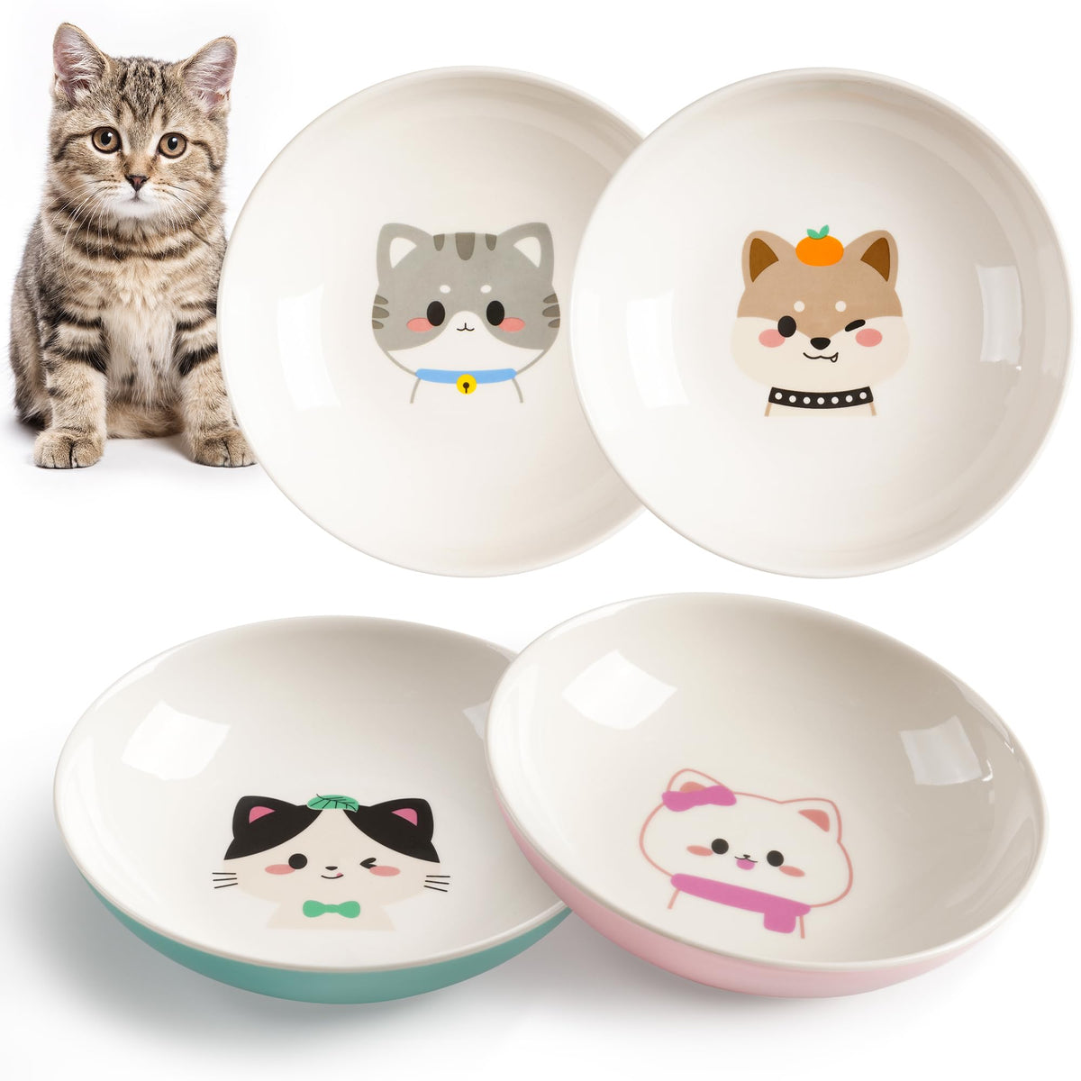 Non-Slip Cat Bowls, Ceramic Cat Food Bowl Set with Silicone Base, Cats Dishes, Cute Plates for Feeding Indoor Cats, Kitten, Small Dogs (Multi, Deeper)
