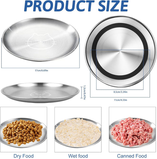 Stainless Steel Cat Bowls, 4 Pcs Shallow Cat Bowl Whisker Fatigue Dishes with Non-Slip Bottom, 6.7" Cats Food and Water Bowl Set for Wet & Dry Food(13OZ)