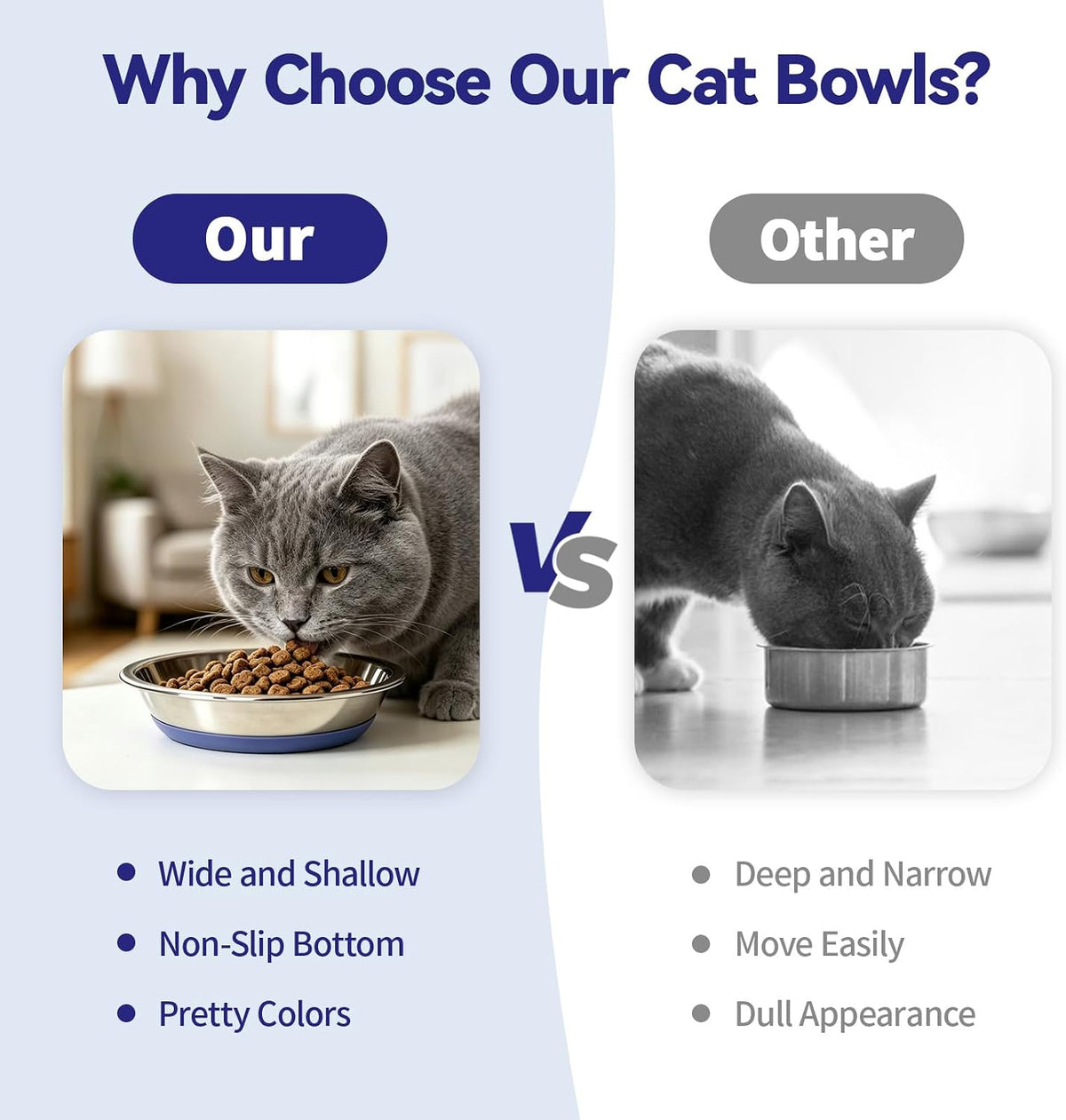 3 Pack Stainless Steel Cat Bowls, Cat Dishes Whisker Friendly with Non-Slip Silicone Bottom, Easy to Clean, 5.5" Shallow Wide Cat Food and Water Feeding Bowl for Indoor Outdoor Cats