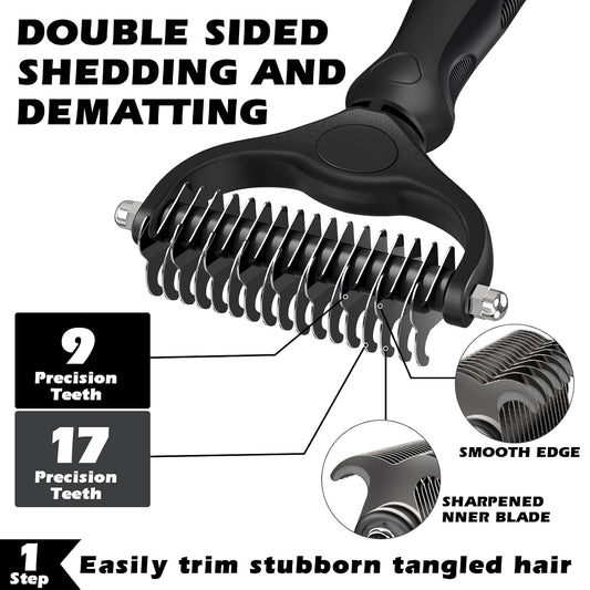 Professional 3PCS Self Cleaning Slicker Brush & Pet Grooming Rake & Flea Comb for Dogs,Cats and Horses | Double-Sided Dematting Comb & Skin Friendly Deshedding Grooming Tool | Pet Supplies (Black)