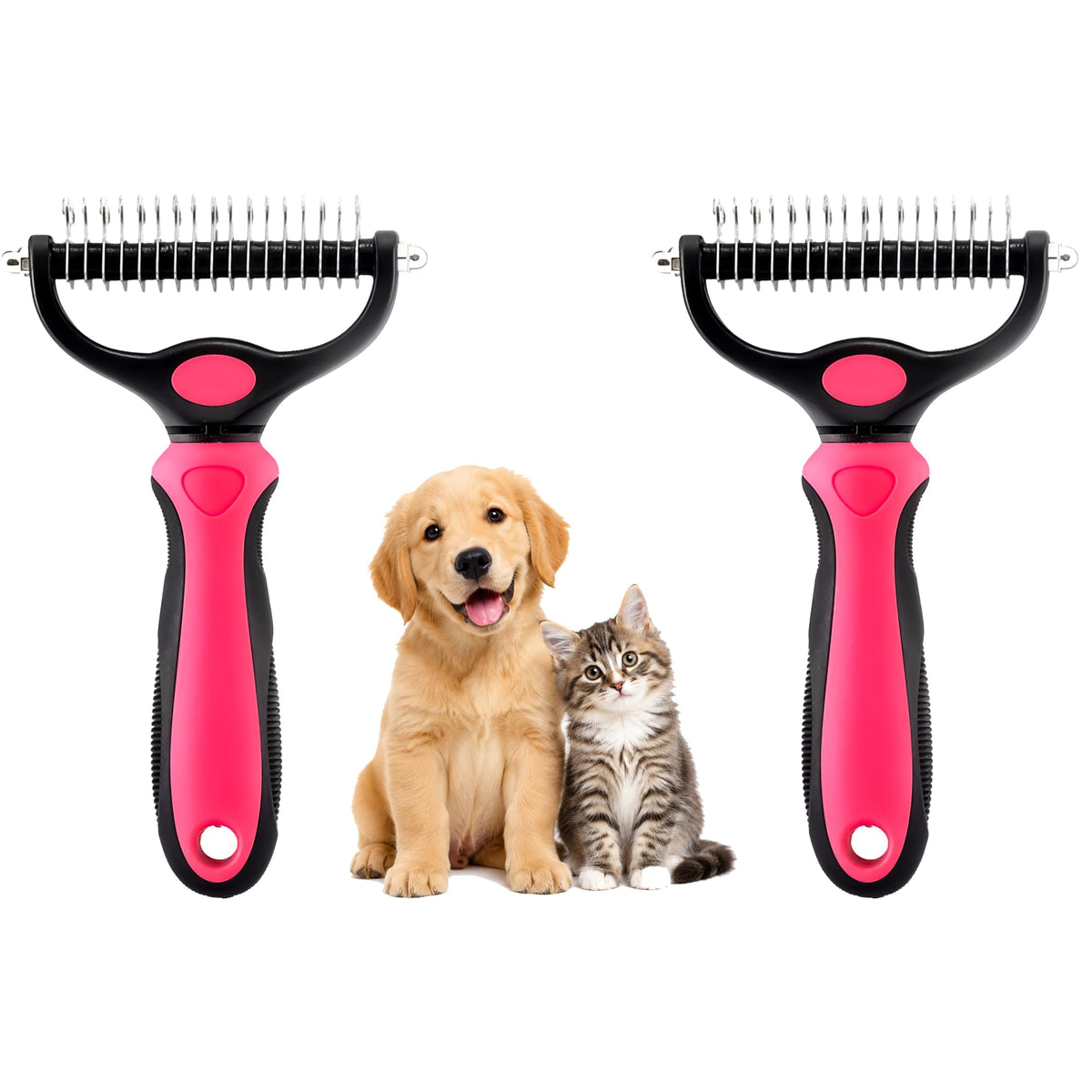 2-in-1 Double-Sided Pet Grooming Comb for Dogs & Cats - Deshedding Brush & Rounded-Tooth Dematting Tool | Painlessly Removes Knots, Tangles, Loose Undercoat & Fur in Thick/Long Coats (Blue-Large)