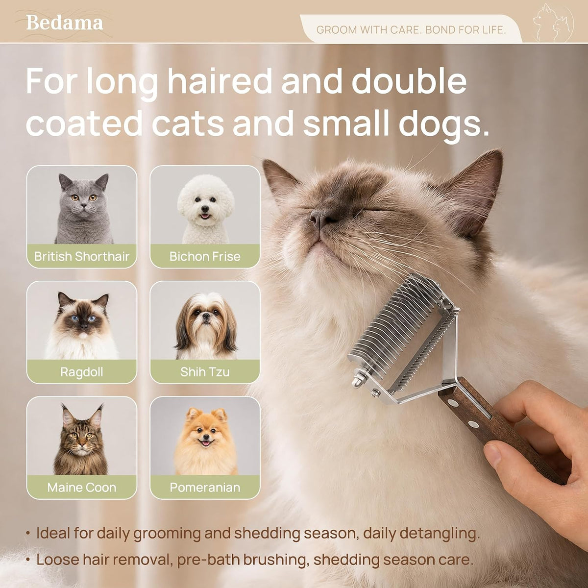 2-in-1 Deshedding & Dematting Cat Brush for Long Haired Cats