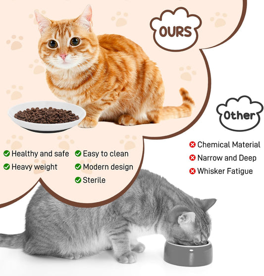 3 Pcs Ceramic Cat Food Bowls, Cute Cat Bowls, 5.9 Inch Cat Plates Set for Wet and Dry Food Water, White Flat Cat Dish with Non-Slip Base for Cats and Puppies (3 Kitten Patterns)