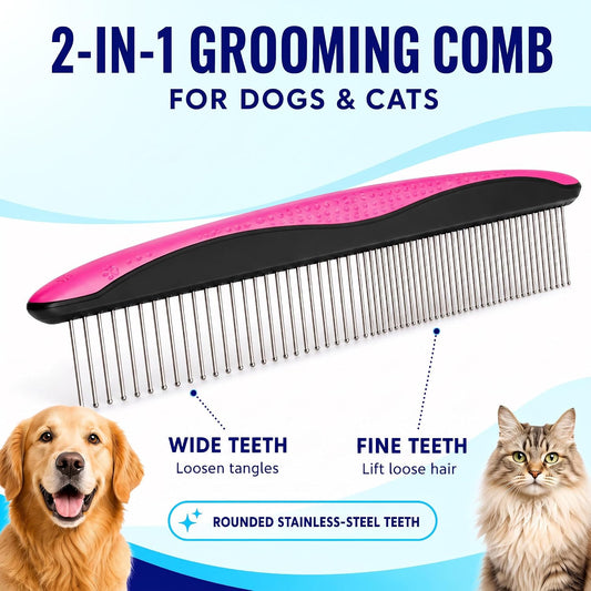 Pat Your Pet Deshedding Brush & Metal Comb Grooming Combo for Cats & Dogs