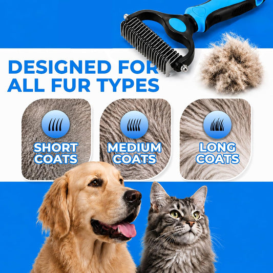 2-in-1 Double-Sided Pet Grooming Comb for Dogs & Cats - Deshedding Brush & Rounded-Tooth Dematting Tool | Painlessly Removes Knots, Tangles, Loose Undercoat & Fur in Thick/Long Coats (Blue-Large)