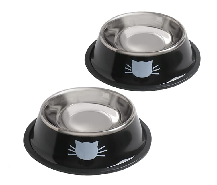 Cat Bowls for Food and Water,2PCS Rapsrk Non-Slip Stainless Steel 8 Oz Pet Bowl with Removable Rubber Base Dog Bowl,Stackable Cat Puppy Dishes Bowls with Cute Cats Painted