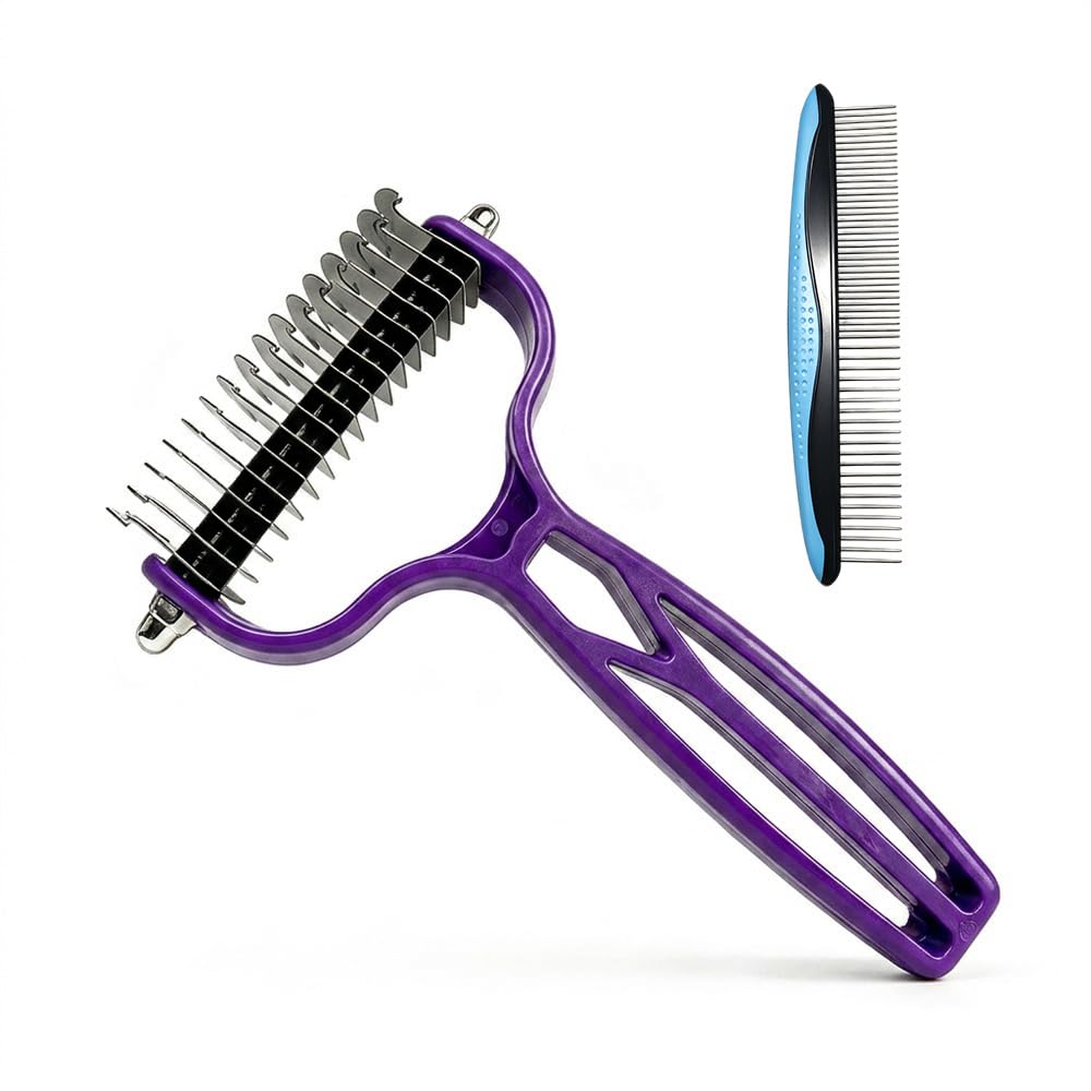 Double Sided Dematting Comb for Cats & Dogs, Undercoat Rake, Safe Deshedding Grooming Tool, Gentle Matt Remover Detangler for Long Thick Haired Pets, Ergonomic Pet Grooming Brush (Black)