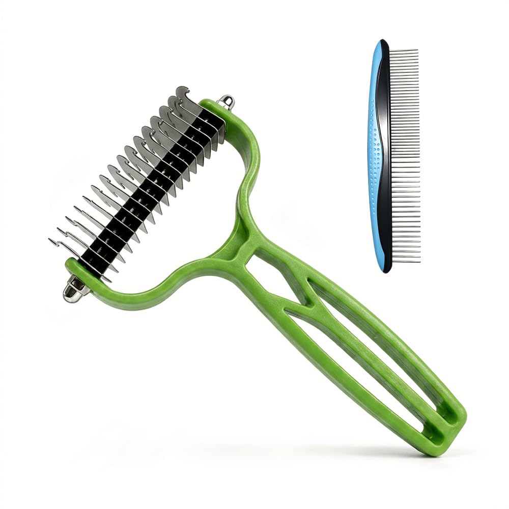 Double Sided Dematting Comb for Cats & Dogs, Undercoat Rake, Safe Deshedding Grooming Tool, Gentle Matt Remover Detangler for Long Thick Haired Pets, Ergonomic Pet Grooming Brush (Black)