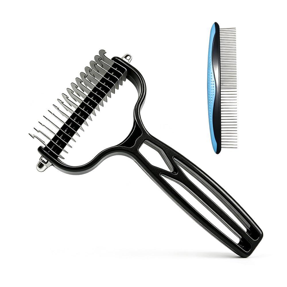 Double Sided Dematting Comb for Cats & Dogs, Undercoat Rake, Safe Deshedding Grooming Tool, Gentle Matt Remover Detangler for Long Thick Haired Pets, Ergonomic Pet Grooming Brush (Black)