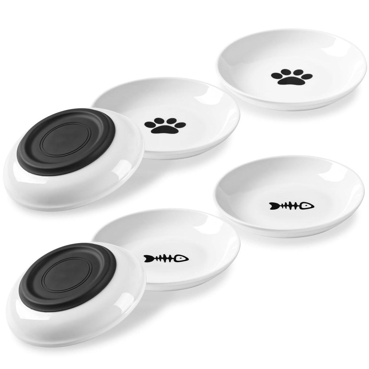 Cat Food Bowls, Whisker Friendly Ceramic Cats Bowls with Nonslip Silicone Base, Pack of 3 Quiet Dishes and Plates for Feeding Indoor Cats, Kittens and Small Dogs(Fishbone,Deeper)