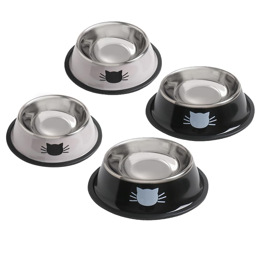 Cat Bowls for Food and Water,2PCS Rapsrk Non-Slip Stainless Steel 8 Oz Pet Bowl with Removable Rubber Base Dog Bowl,Stackable Cat Puppy Dishes Bowls with Cute Cats Painted