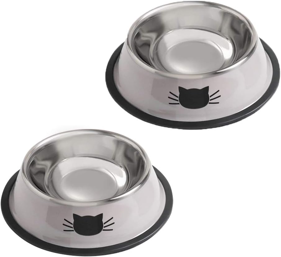 Cat Bowls for Food and Water,2PCS Rapsrk Non-Slip Stainless Steel 8 Oz Pet Bowl with Removable Rubber Base Dog Bowl,Stackable Cat Puppy Dishes Bowls with Cute Cats Painted