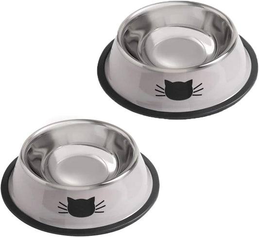 Cat Bowls for Food and Water,2PCS Rapsrk Non-Slip Stainless Steel 8 Oz Pet Bowl with Removable Rubber Base Dog Bowl,Stackable Cat Puppy Dishes Bowls with Cute Cats Painted