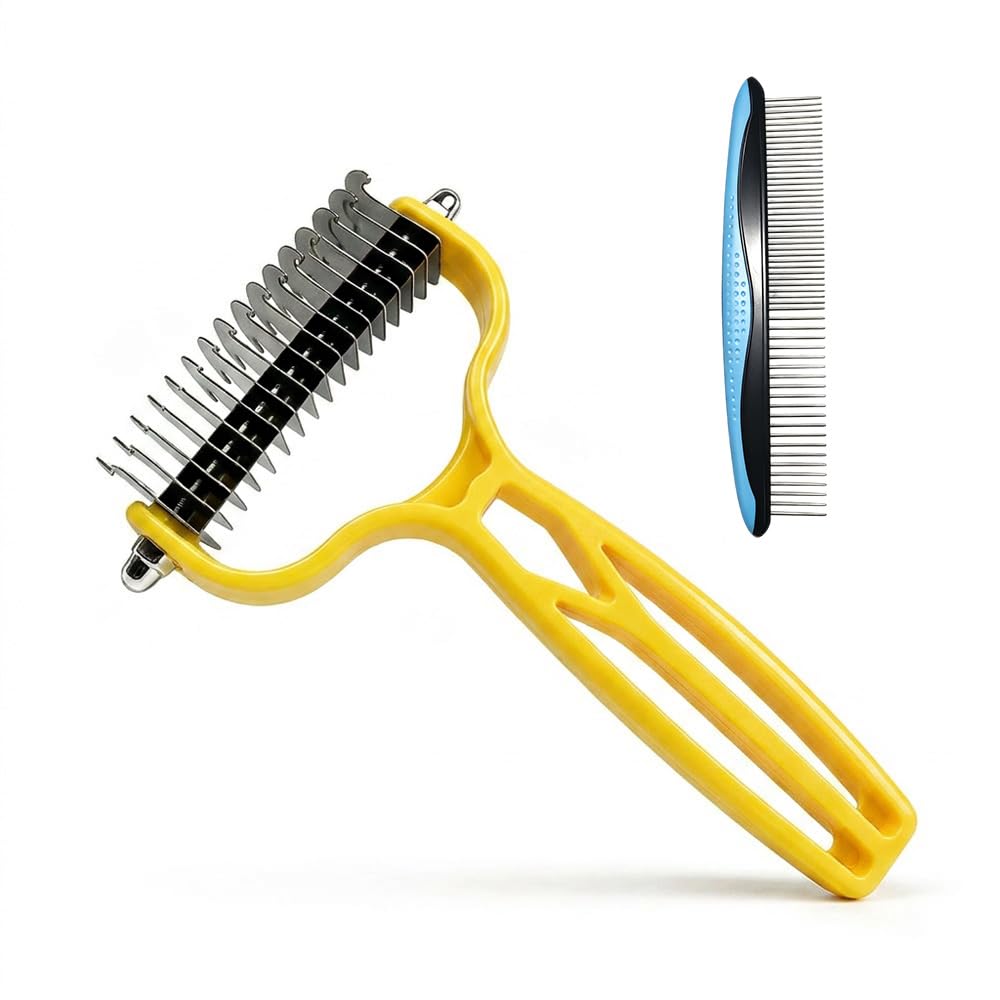 Double Sided Dematting Comb for Cats & Dogs, Undercoat Rake, Safe Deshedding Grooming Tool, Gentle Matt Remover Detangler for Long Thick Haired Pets, Ergonomic Pet Grooming Brush (Black)