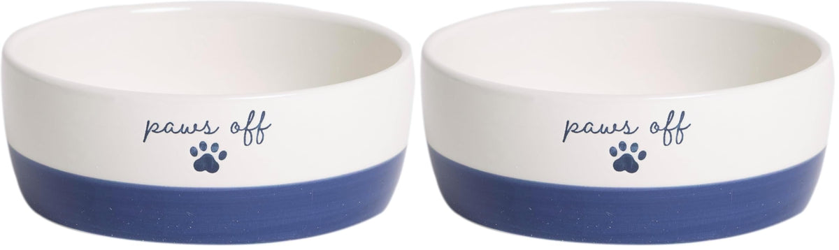Pearhead Ceramic Cat Bowl, Holds 12 oz, Navy Blue “Paws Off” Design