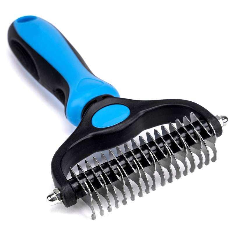 2-in-1 Pet Dematting Comb & Deshedding Tool, Double-Sided Stainless Steel Grooming Rake for Dogs & Cats, Fur Detangler, Non-Slip Handle, Pink
