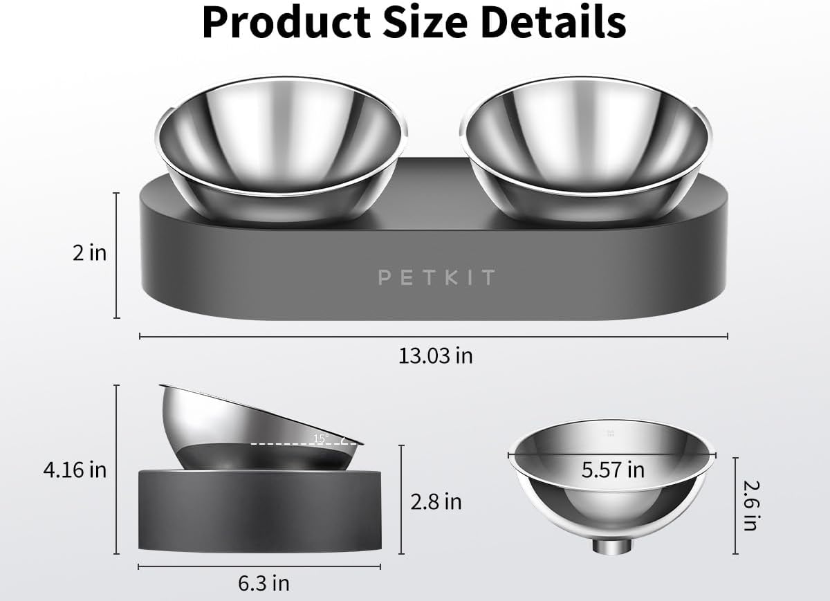 PETKIT 304 Stainless Steel Elevated Cat Bowls&Dog Bowls,Raised Cat Food and Water Bowl Set, Non-Slip, Anti Vomiting 15°Tilted Cat Small Animal Plate