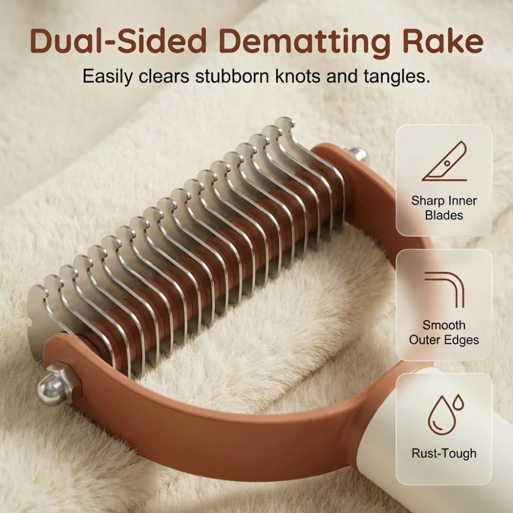 Double Sided Dematting Comb for Cats & Dogs, Undercoat Rake, Safe Deshedding Grooming Tool, Gentle Matt Remover Detangler for Long Thick Haired Pets, Ergonomic Pet Grooming Brush (Black)