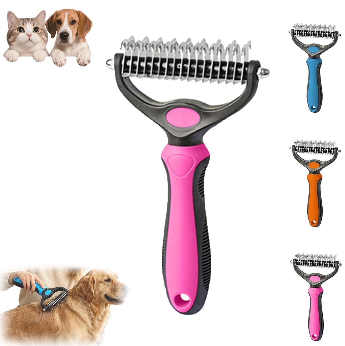 Pet Pro Grooming Tool, 2-in-1 Deshedding Dog Brush with 9/21 Teeth Undercoat Rake for Dogs & Cats, Dual-Sided Stainless Steel Pet Comb for Long Hair & Thick Coats