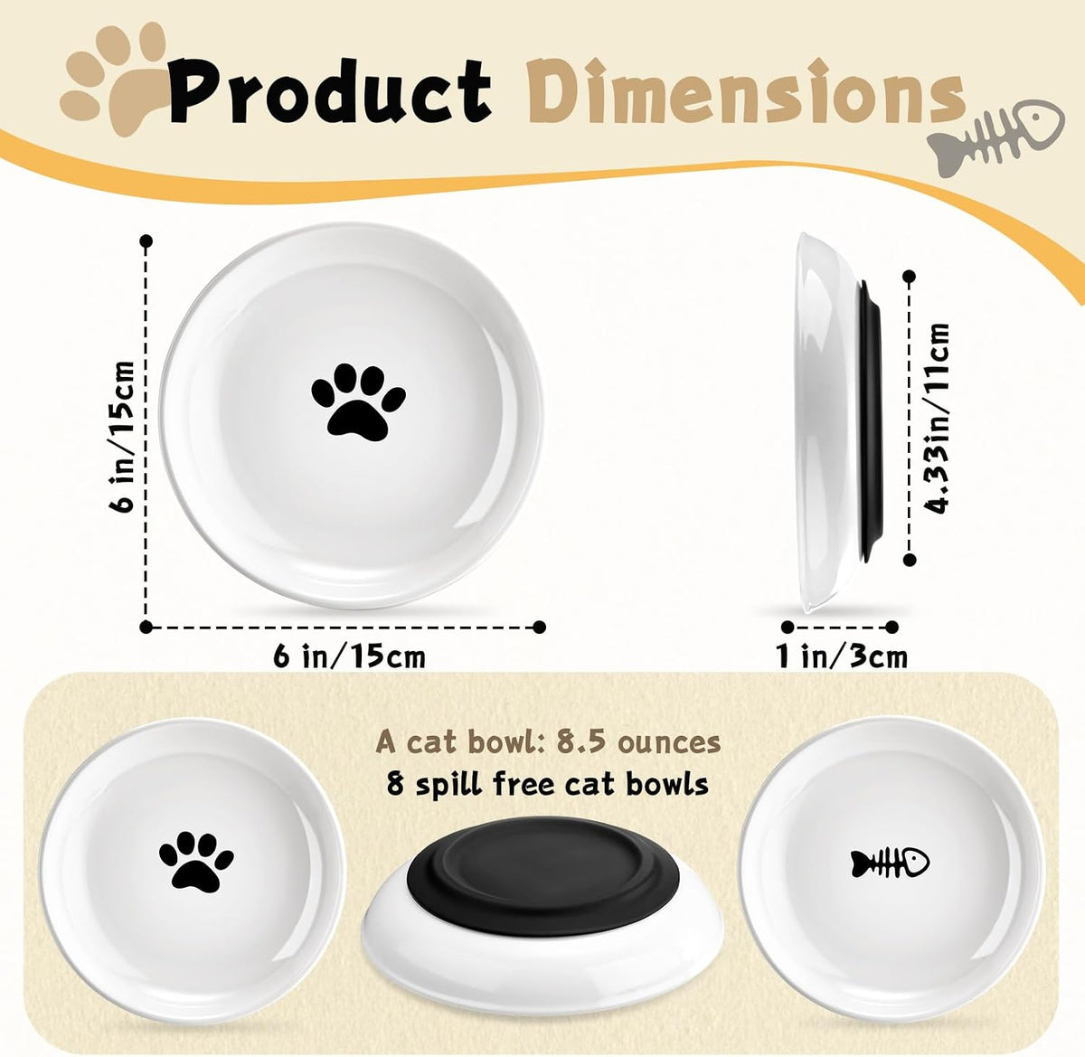 Cat Food Bowl, 8 Pack Premium Ceramic Cat Bowls,Non-Slip Silicone Bottom, Small Food Dishes for Indoor, Wide & Shallow for Whisker Fatigue, Easy Clean Pet Feeding Bowls