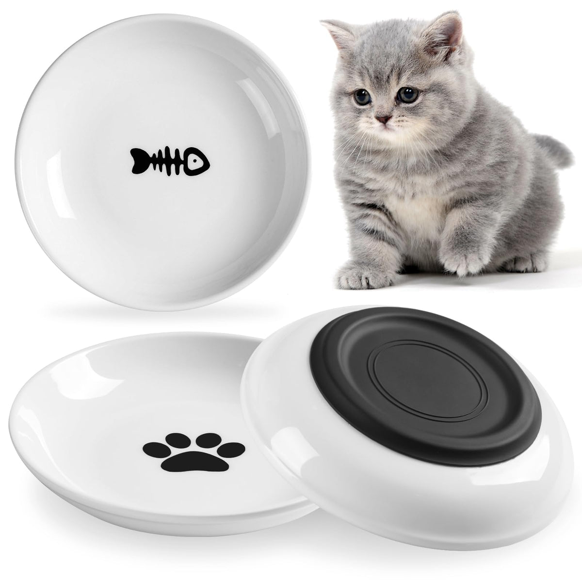 WROSWT No Spill Cat Bowls,Cat Food Bowl,Anti Whisker Fatigue Healthy Ceramic Cats Dishes Set for Indoor Cats,Shallow Wide Kitten Plates for Food and Water,Non-Slip Silicone Bottom,3 Pack