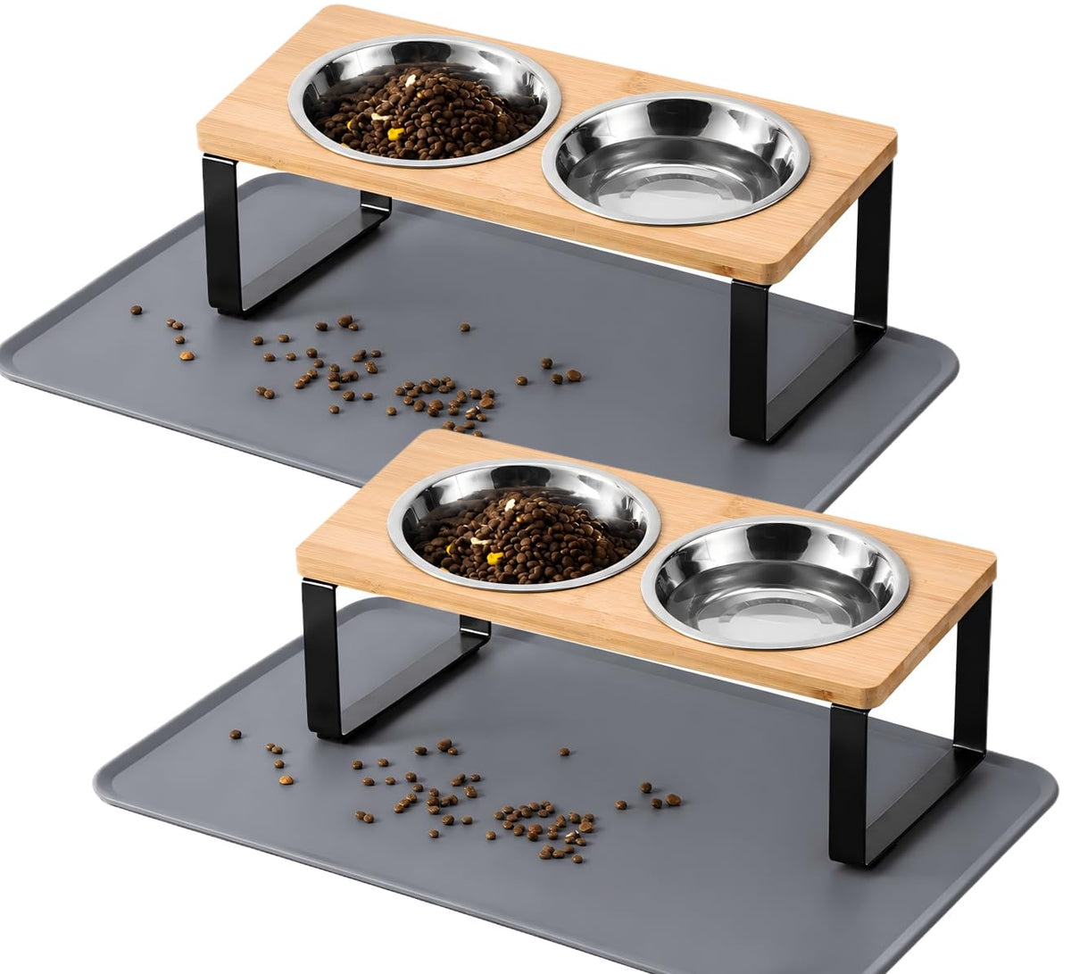 Upgraded Elevated Cat Bowls with Food Mat,15°Tilted Stand Anti Vomiting Raised Cat Dishes for Food and Water,2 Stainless Steel Bowls for Cats and Puppy