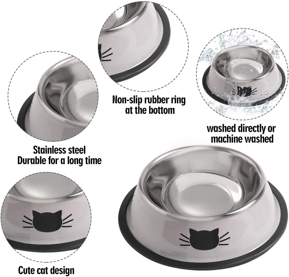 Cat Bowls for Food and Water,2PCS Rapsrk Non-Slip Stainless Steel 8 Oz Pet Bowl with Removable Rubber Base Dog Bowl,Stackable Cat Puppy Dishes Bowls with Cute Cats Painted
