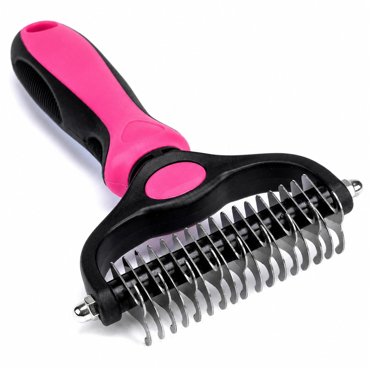 2-in-1 Pet Dematting Comb & Deshedding Tool, Double-Sided Stainless Steel Grooming Rake for Dogs & Cats, Fur Detangler, Non-Slip Handle, Pink