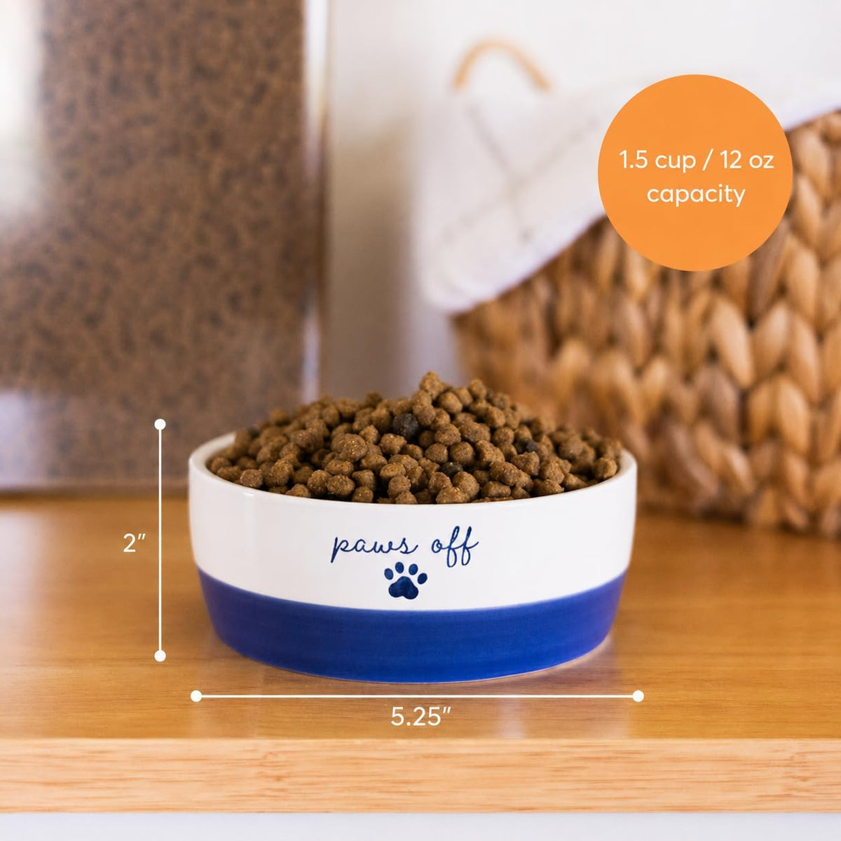 Pearhead Ceramic Cat Bowl, Holds 12 oz, Navy Blue “Paws Off” Design