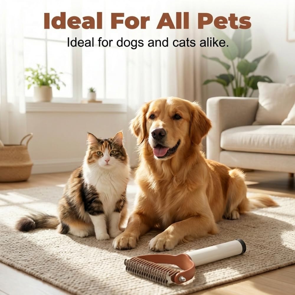 Double Sided Dematting Comb for Cats & Dogs, Undercoat Rake, Safe Deshedding Grooming Tool, Gentle Matt Remover Detangler for Long Thick Haired Pets, Ergonomic Pet Grooming Brush (Black)