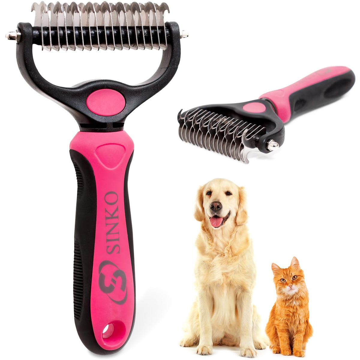 Sinko Shedding Brush for Dog and Cat, Undercoat Rake & Comb with Extra-Wide Double-Sided Stainless Steel Teeth for Deshedding, Brushing, Removing Loose Fur, Knots, Mats & Tangles in Pets (Blue)