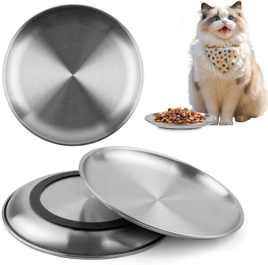 3 PCS Stainless Steel Cat Food Bowl Dish, 6.7" Shallow Flat Wide Cat Plates