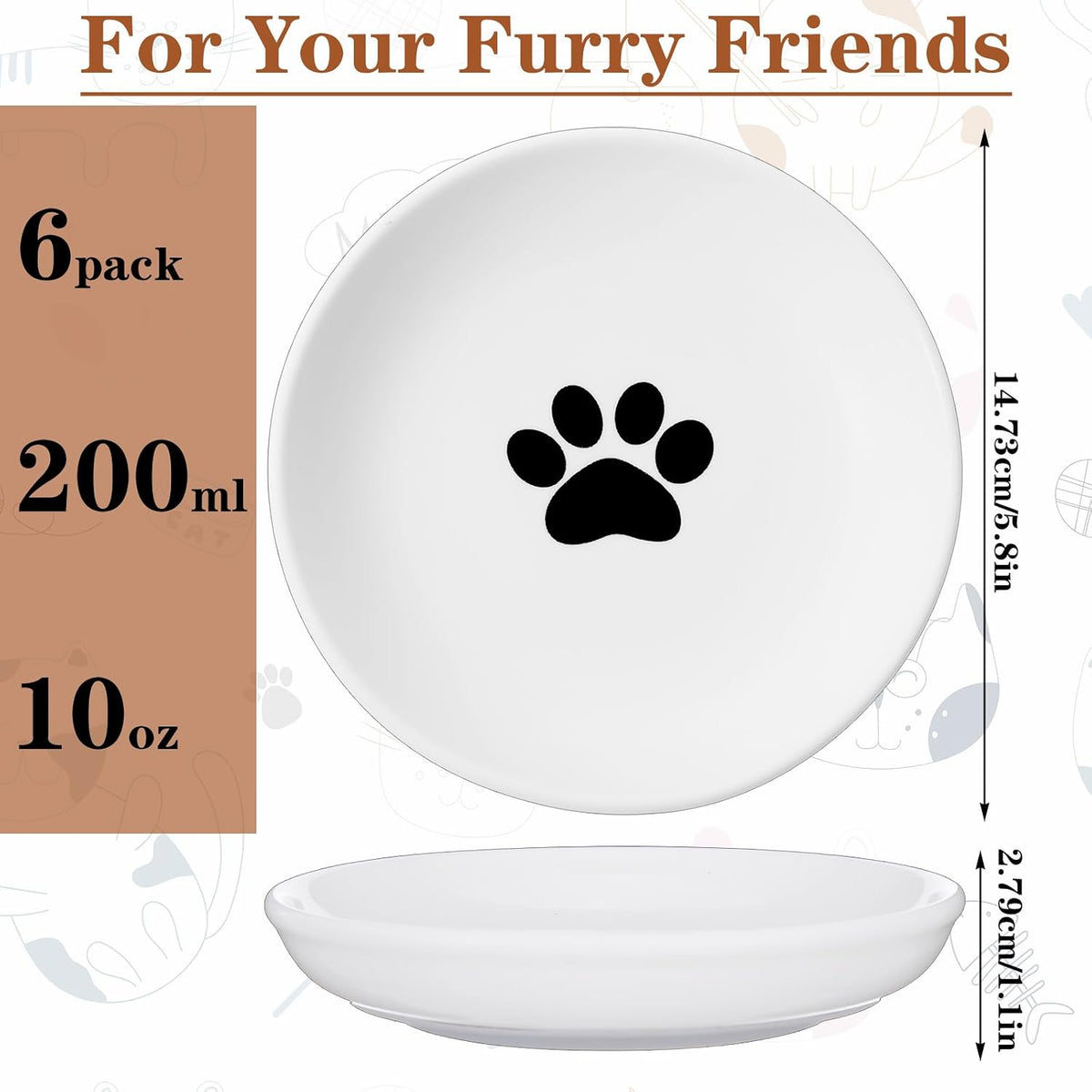 Kenaoeoe Cat Food Bowl 6 Pack Ceramic Cat Bowls with Non-Slip Base Anti Whisker Fatigue Shallow Cats Plates for Food and Water, Fishbone and Paw Print Design