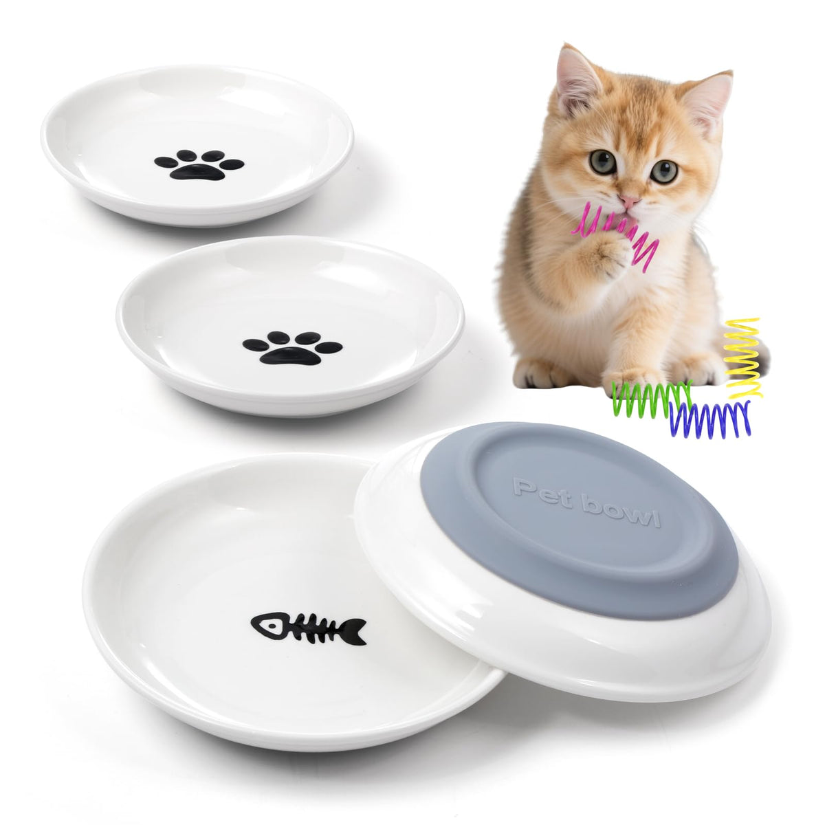 Cat Food Bowl, 4PCS Ceramic Cat Dishes for Food, Non-Slip Kitten Bowls Set