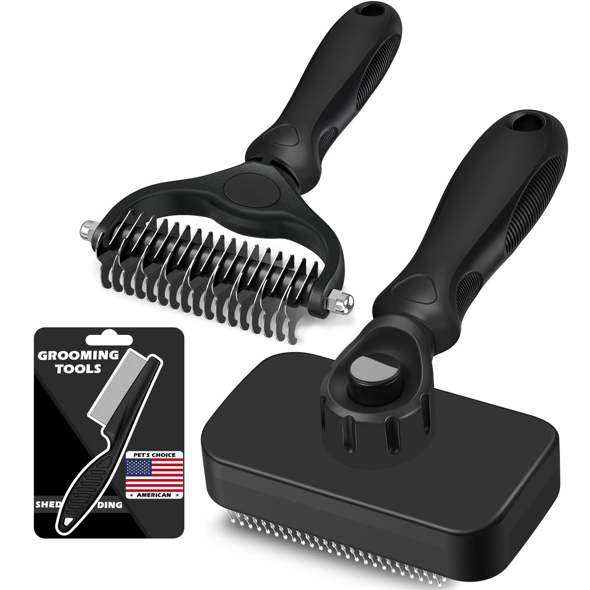 Professional 3PCS Self Cleaning Slicker Brush & Pet Grooming Rake & Flea Comb for Dogs,Cats and Horses | Double-Sided Dematting Comb & Skin Friendly Deshedding Grooming Tool (Red)