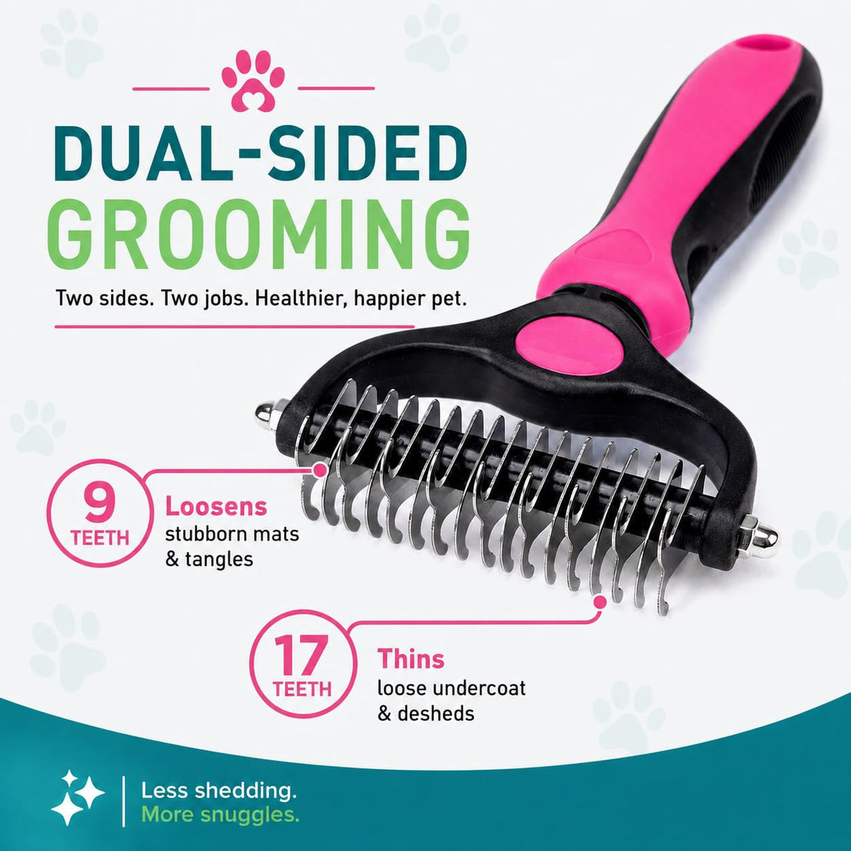2-in-1 Pet Dematting Comb & Deshedding Tool, Double-Sided Stainless Steel Grooming Rake for Dogs & Cats, Fur Detangler, Non-Slip Handle, Pink