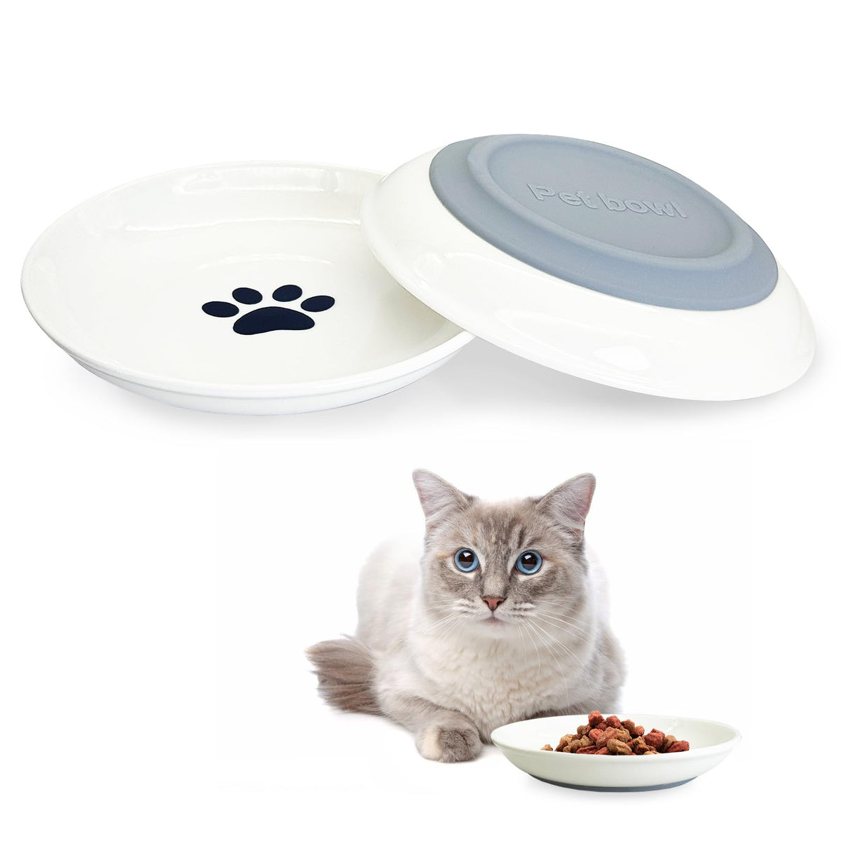 Fhiny 2PCS Cat Food Bowl,6" Ceramic Cat Dishes with Silicone Bottom Shallow Whisker Fatigue Kitten Plates Set for Indoor Cats Non-Slip Wide Kitten Pet Whisker Friendly Bowl for Wet Food Water (Cat)