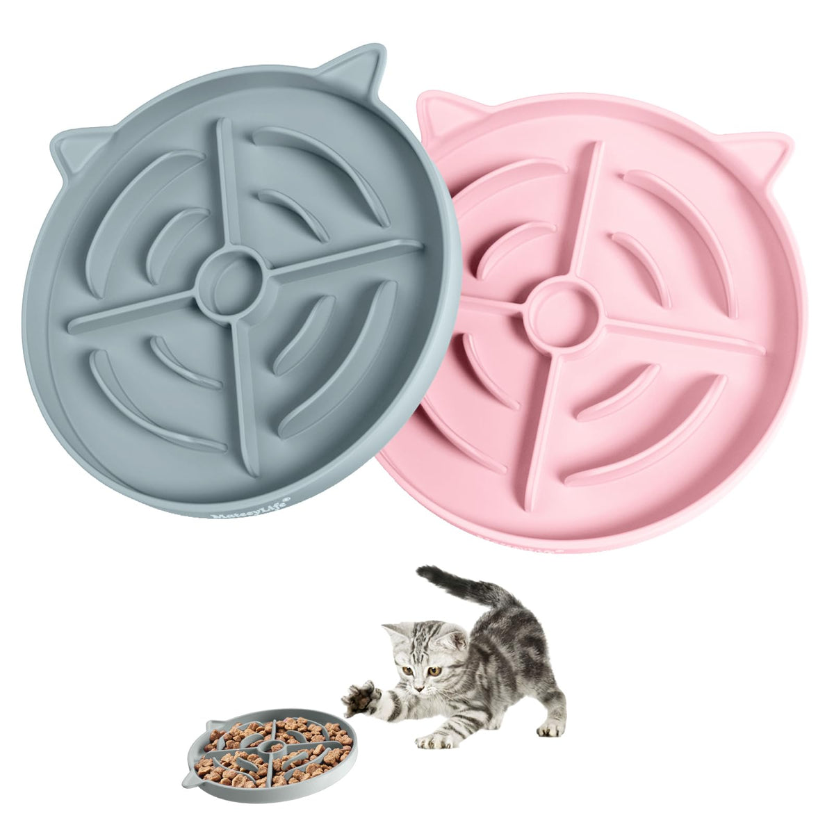 MateeyLife Slow Feeder Cat Bowl, 2 Pcs Cat Puzzle Feeder, Non-Slip Silicone Cat Dish, Prevent Overeating Cat Slow Feeder for Dry and Wet Food, Pet Bowls to Slow Down Eating, Easy to Clean