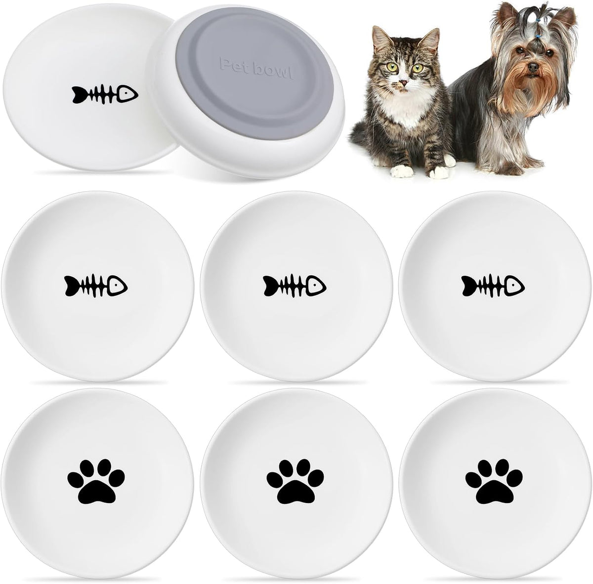Kenaoeoe Cat Food Bowl 6 Pack Ceramic Cat Bowls with Non-Slip Base Anti Whisker Fatigue Shallow Cats Plates for Food and Water, Fishbone and Paw Print Design